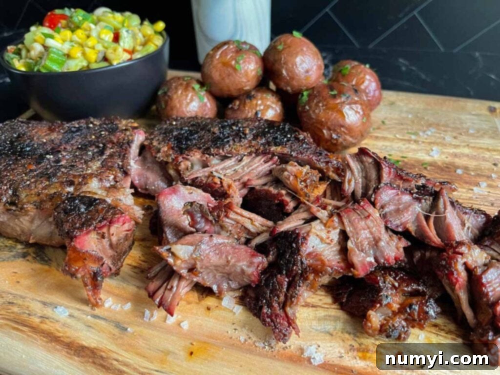 Smoked chuck roast with grilled potatoes and succotash on a wooden board.