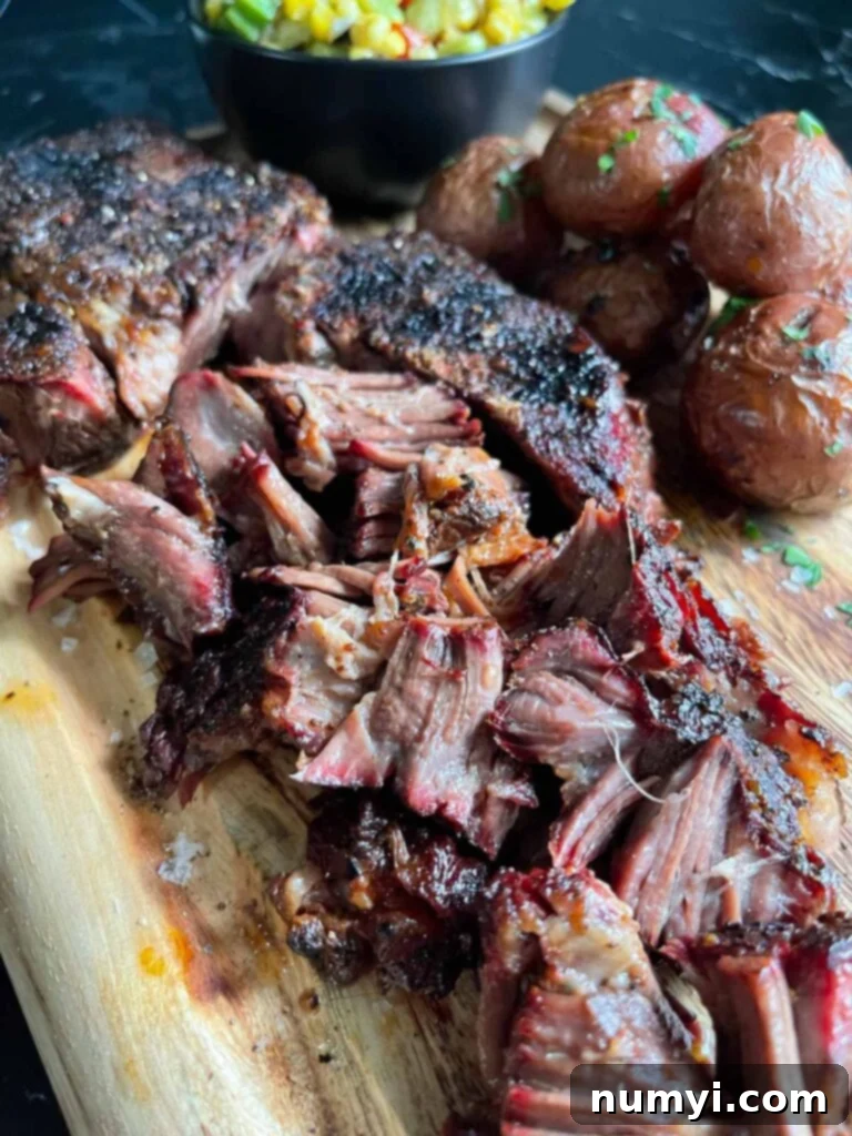 Smoked chuck roast with some grilled potatoes and succotash on a wooden board.