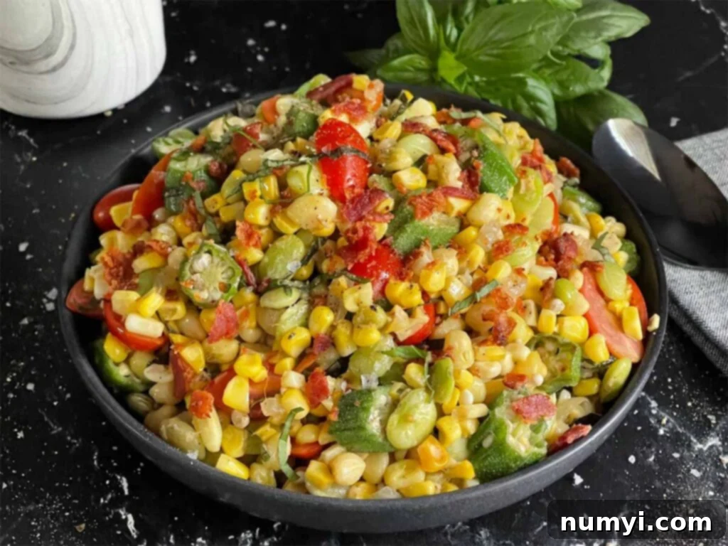 A beautifully presented black bowl filled with colorful summer succotash, featuring corn, lima beans, okra, tomatoes, and bacon.