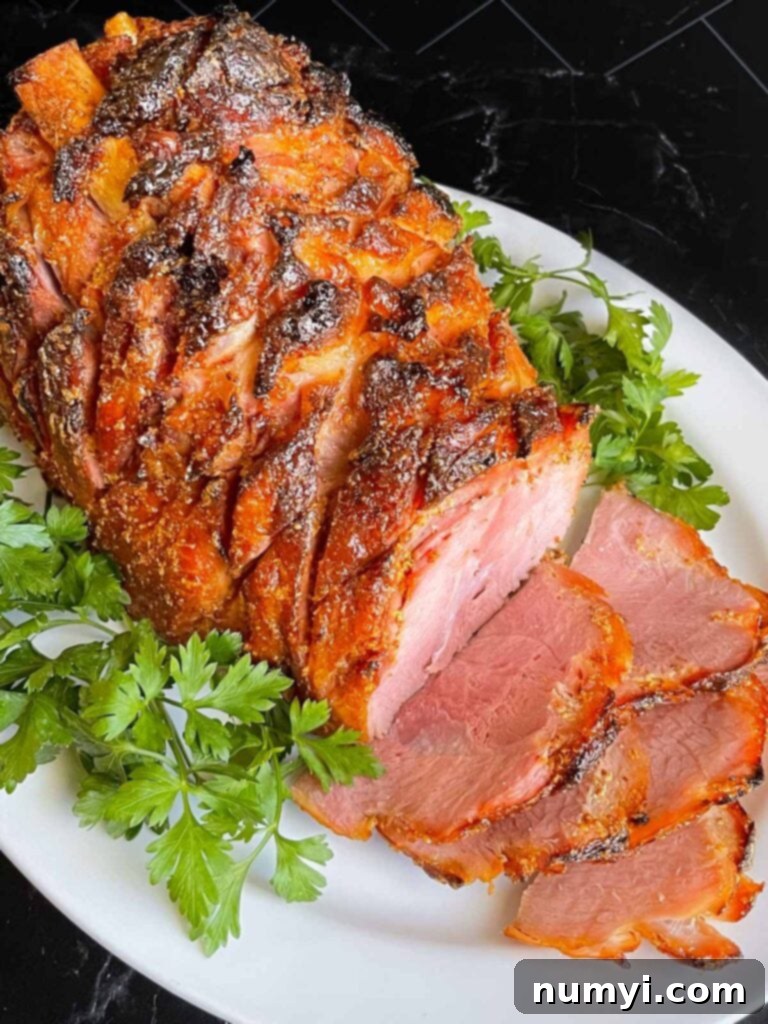 A glistening brown sugar glazed ham on a festive platter, garnished with fresh parsley, ready to be served for a holiday meal.