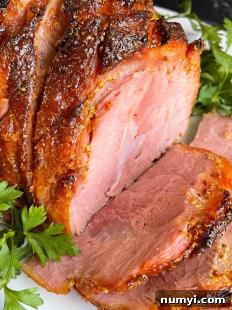 A magnificent brown sugar glazed ham, beautifully carved and arranged on a platter, garnished with fresh parsley for a stunning presentation.