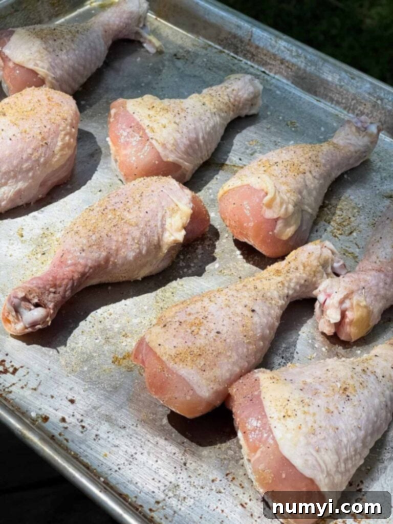 Raw chicken legs with a light spice rub applied, ready for grilling.