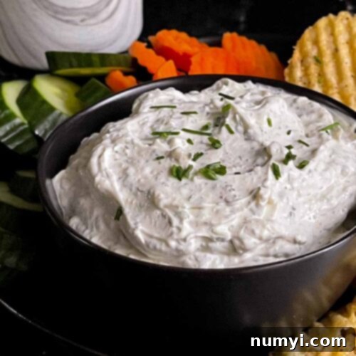 Chip dip in a black bowl surrounded by chips and vegetables