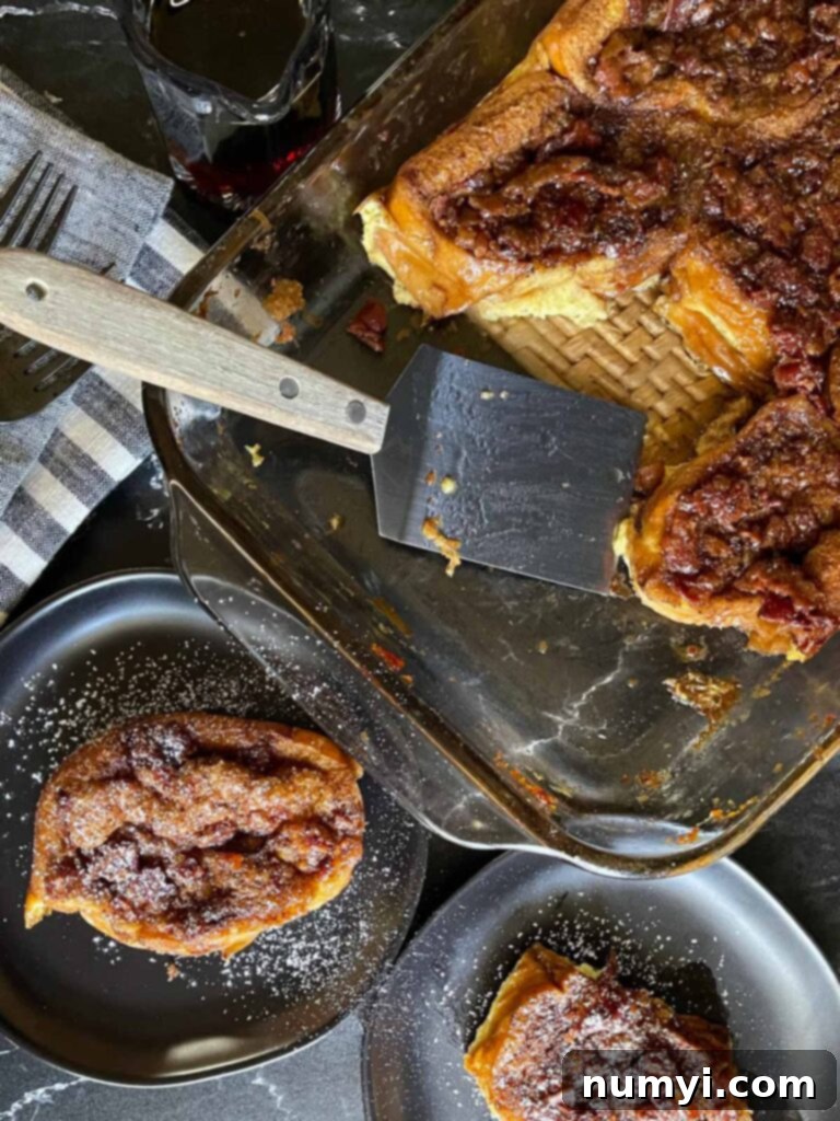 Overnight Maple Bacon Baked French Toast being served.