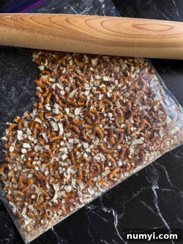 Crushed pretzels in a zip lock bag.