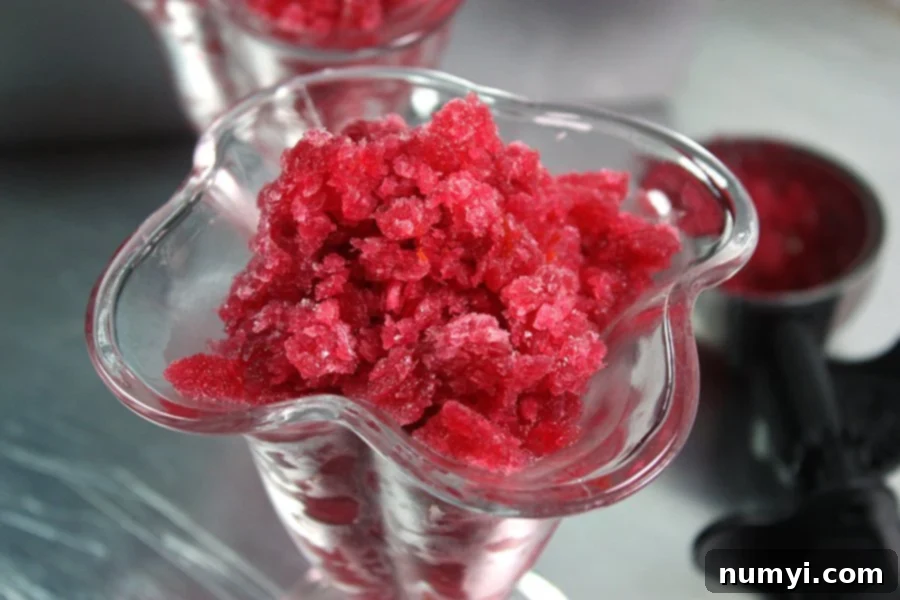 Blood Orange Granita served in a clear glass dish, garnished with a fresh blood orange slice.