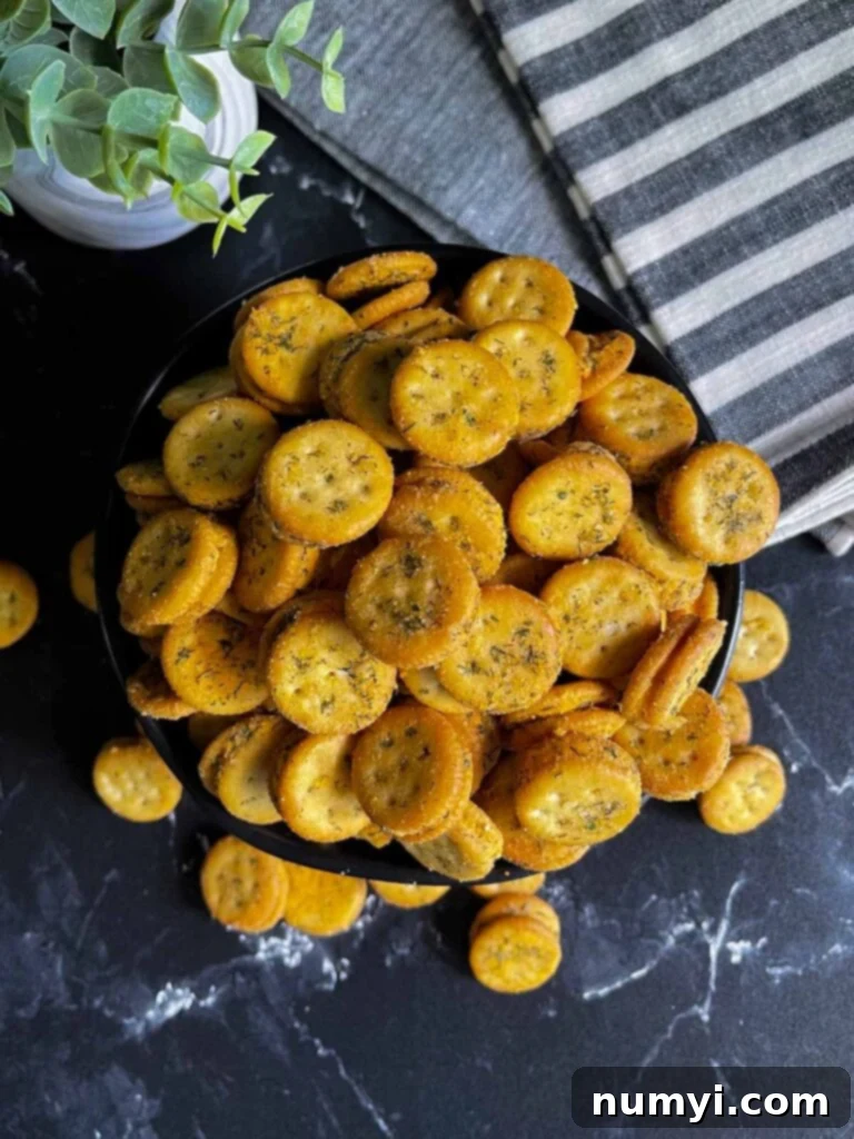 Zesty Ranch Cheese Poppers 6 Cheesy Ranch Ritz Bits Crackers in a black bowl.