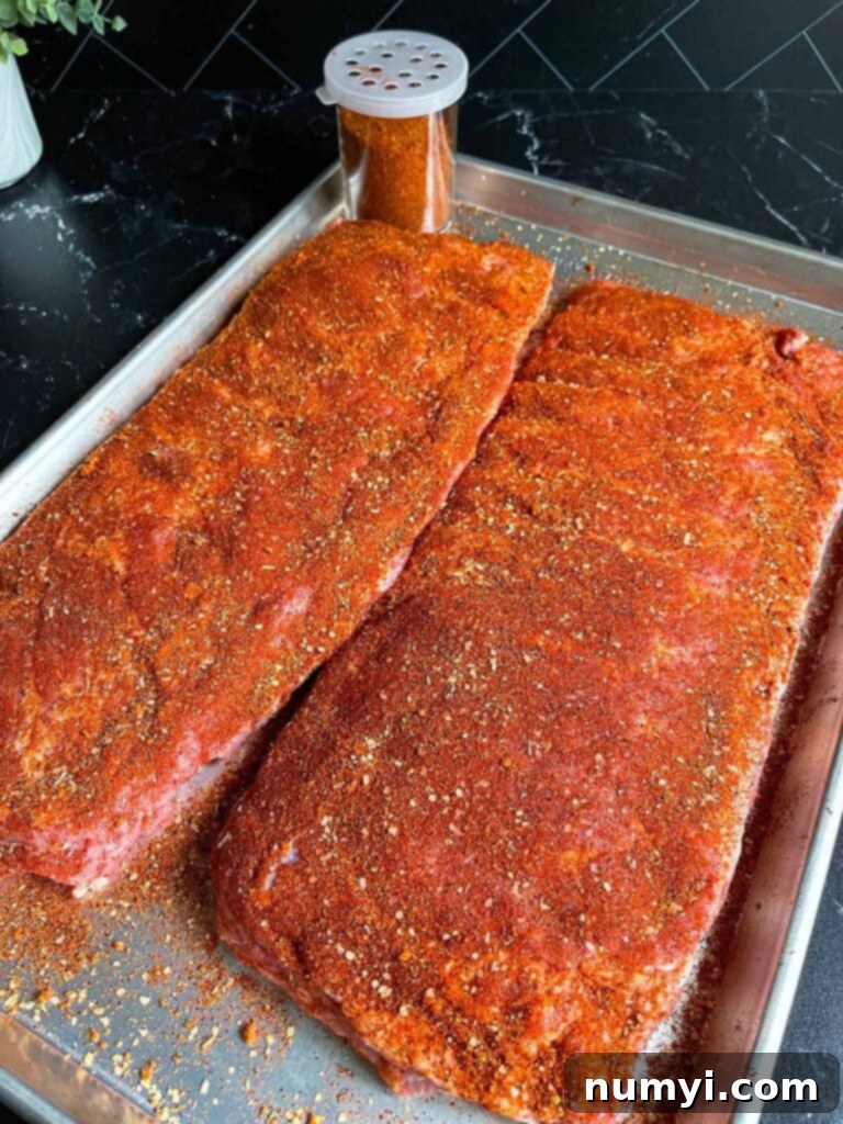 St. Louis style ribs coated in dry rub, patiently waiting to go on the smoker.