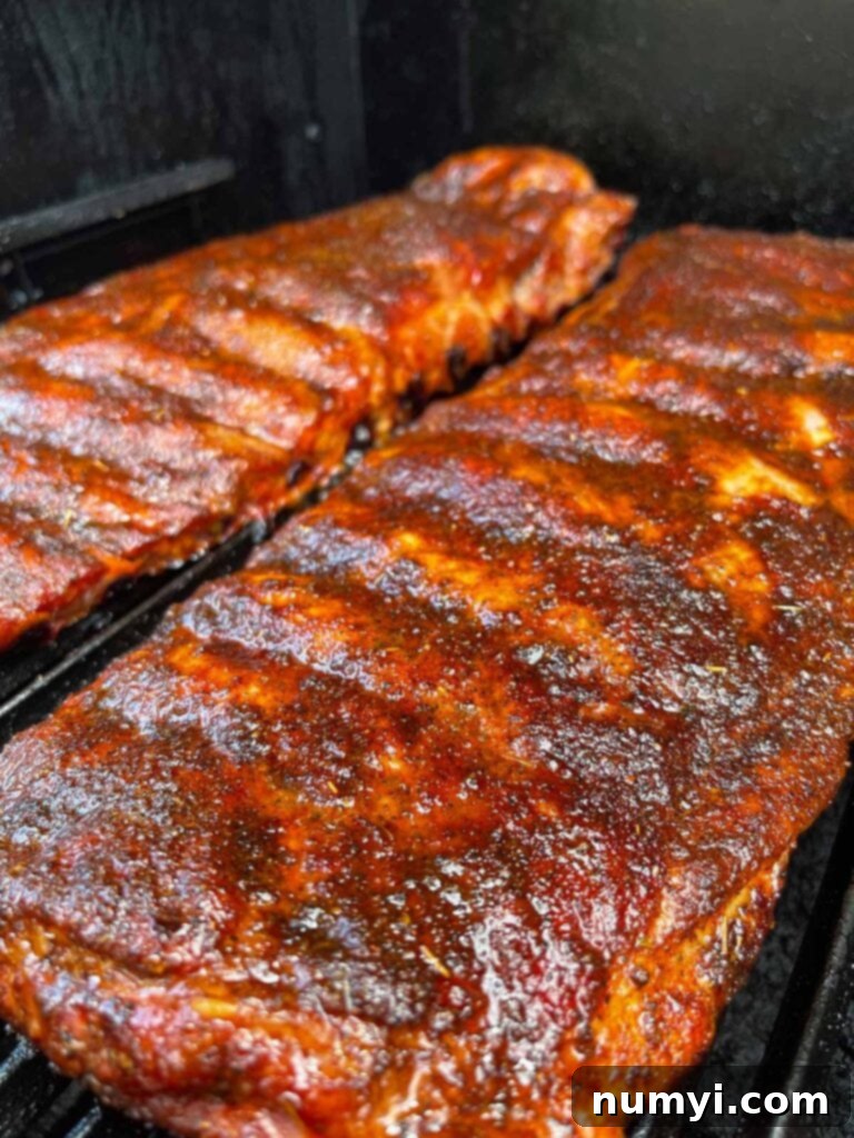 Smoked St. Louis style ribs about 2 1/2 hours into the smoking process, showing good color and bark development.
