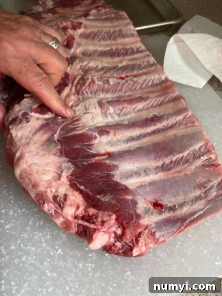 Identifying the proper location to cut to remove the brisket bone from a rack of ribs.