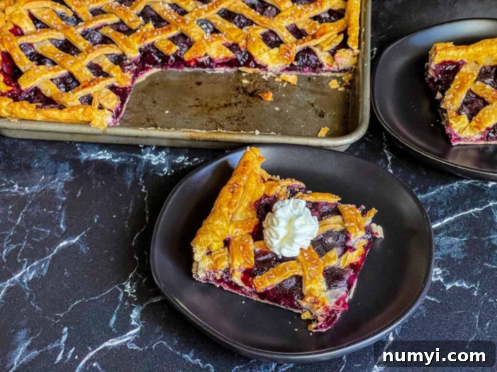 A generous slice of golden-baked blueberry slab pie on a black plate, with the full sheet pan pie visible in the soft-focus background.