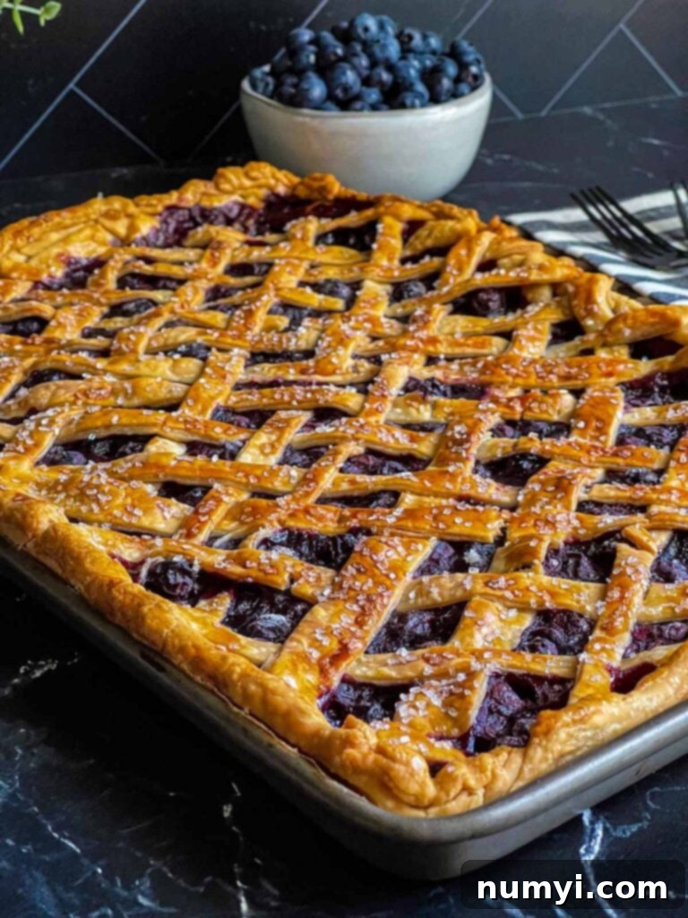 Freshly prepared blueberry slab pie in a sheet pan, with a bowl of vibrant blueberries resting nearby, ready for baking.