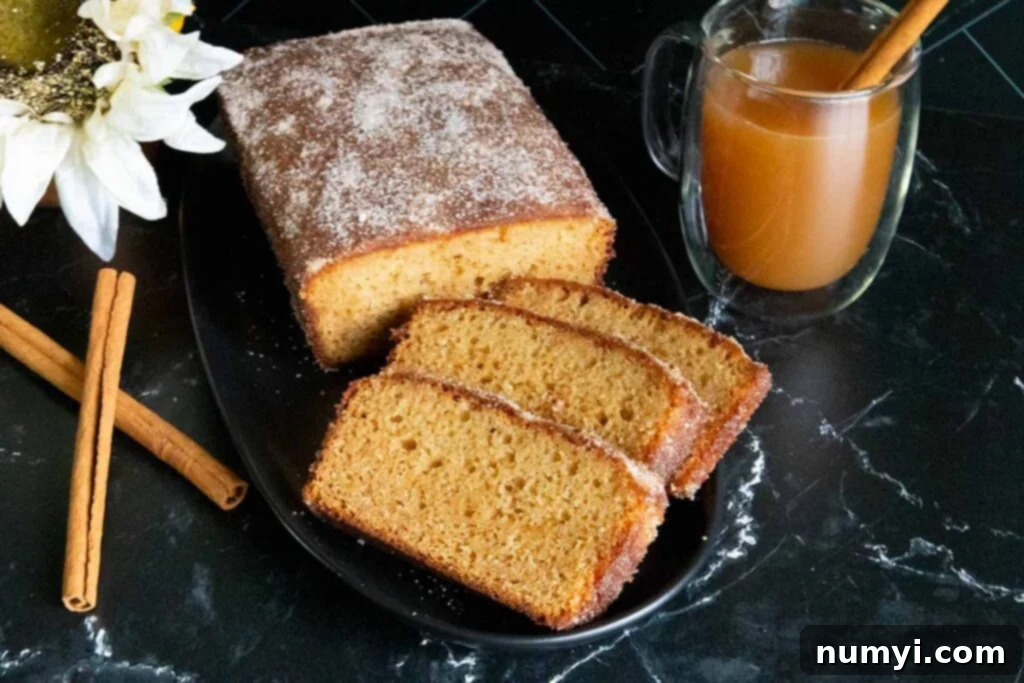 A whole apple cider doughnut loaf cake presented beautifully on a black plate, ready to be sliced.