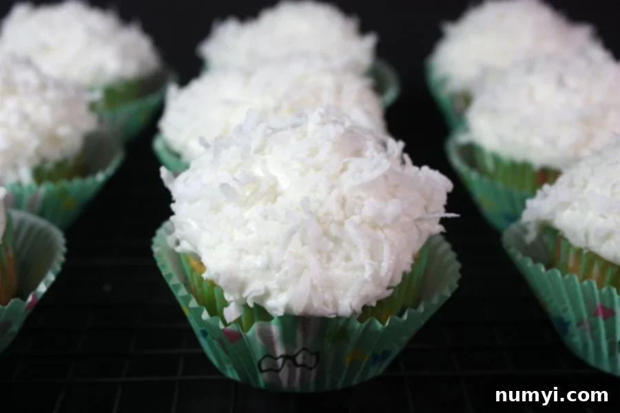 Close-up of a coconut cupcake, beautifully frosted and topped with shredded coconut.