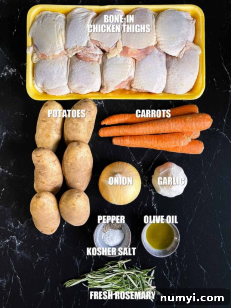 One-Pan Wonder: Roasted Chicken and Vegetables 3 Ingredients for one pan roasted chicken and vegetables on a dark surface.