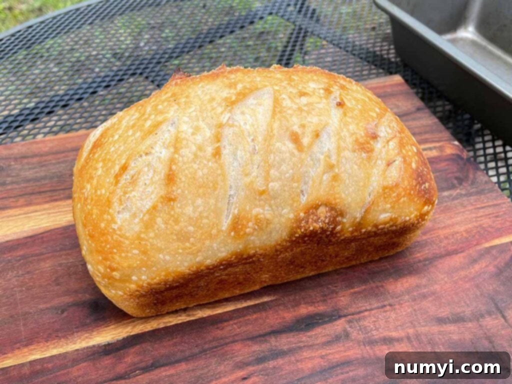 Sourdough bread on a cutting board, perfectly baked on a smoker.