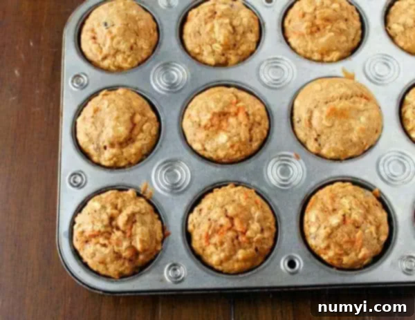 Freshly baked healthy oatmeal banana muffins cooling in a metal muffin tin