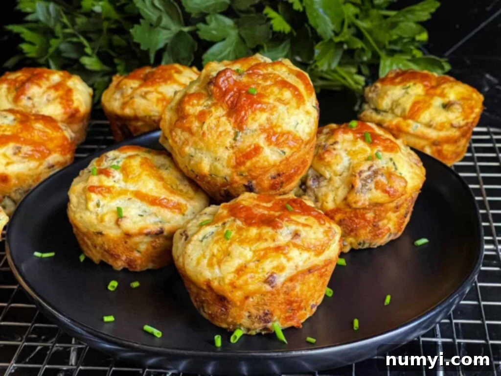 Sausage muffins stacked on a black plate garnished with diced chives.