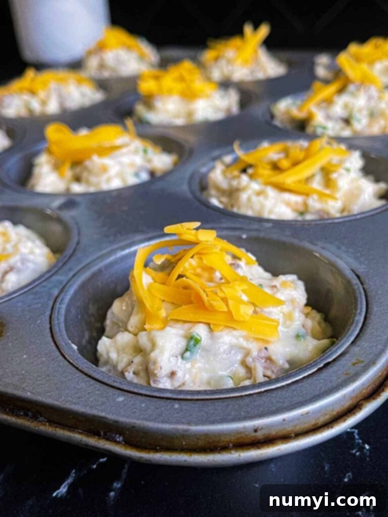 Batter in the muffin cups topped with a little shredded cheddar cheese.