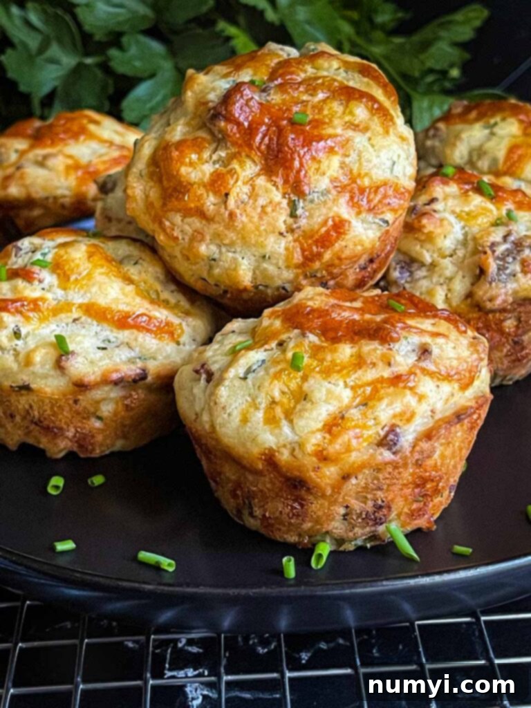 Sausage muffins stacked on a black plate garnished with diced chives.