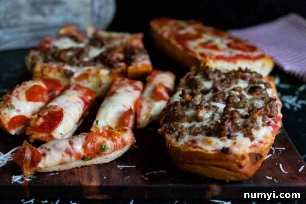 French bread pizzas with pepperoni and italian sausage on a wooden cutting board.