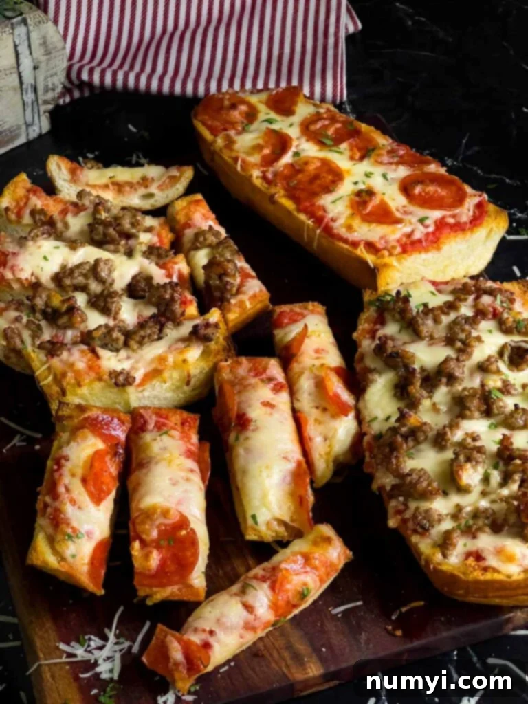French bread pizza on a cutting board.