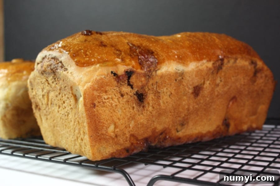 Sweet Cinnamon Raisin Loaf 2 Two freshly baked loaves of Cinnamon Raisin Bread cooling on a wire rack, steam gently rising.