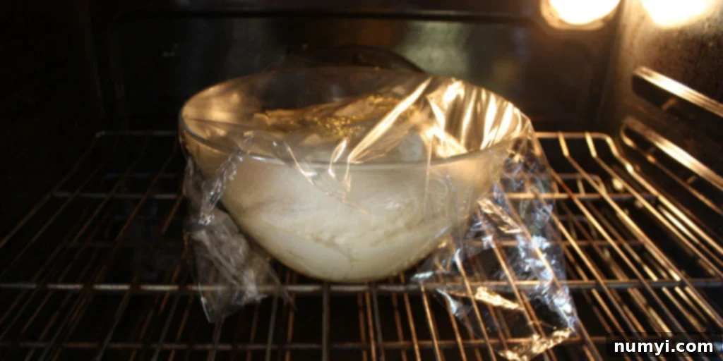 Bake Perfect Homemade Sandwich Bread 5 Bread dough rising in a glass bowl, covered with oiled plastic wrap, in a warm oven.