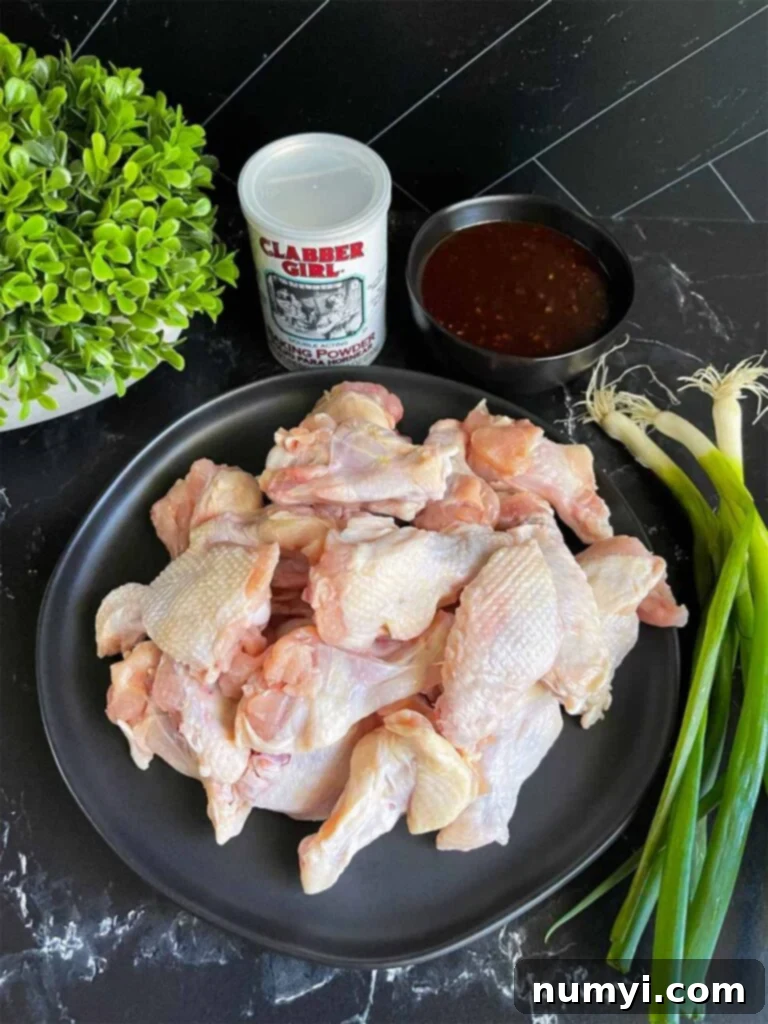Fresh, uncooked chicken wings neatly arranged on a black plate, with a scattering of vibrant green onions to the side, highlighting the quality ingredients.