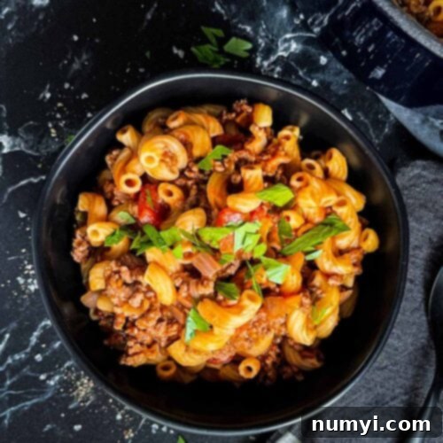 Grandma's American Goulash 9 A bowl of goulash in a dark bowl.