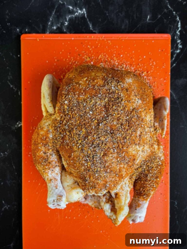 Perfectly Tender Slow Cooker Roasted Chicken 6 Whole chicken seasoned generously with spices, placed on a plastic cutting board.