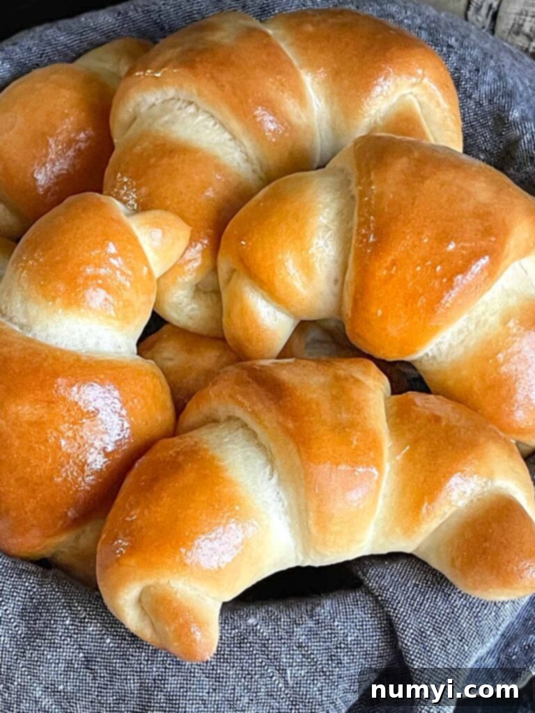 A charming close-up of crescent rolls in a bread basket, showcasing their golden crust and fluffy texture.