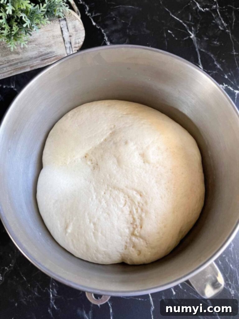 Crescent roll dough after its first rise, beautifully puffed up in a metal bowl.