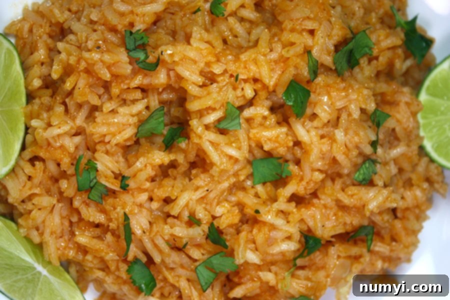 Your Favorite Restaurant Style Mexican Rice At Home 5 Mexican Rice on a white plate garnished with chopped parsley and lime wedges