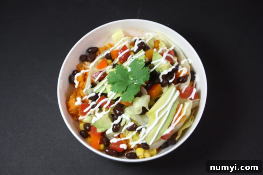 A beautifully assembled Chicken Burrito Bowl in a white bowl, garnished with a drizzle of sour cream sauce and fresh cilantro.