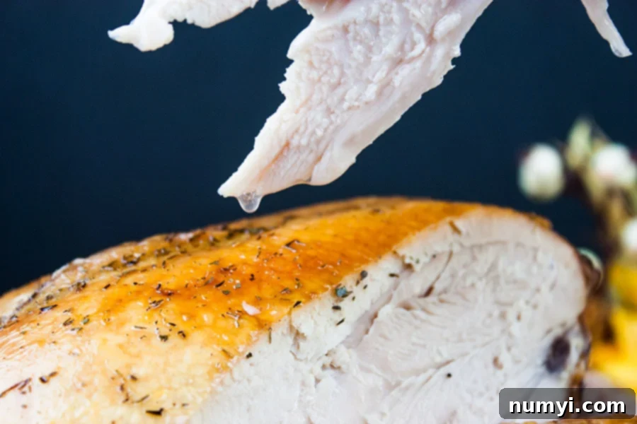 The Ultimate Dry Brined Spatchcock Turkey 4 Juices dripping out of a slice of turkey breast.