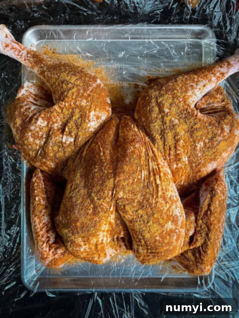 The Ultimate Dry Brined Spatchcock Turkey 10 Dry brine applied to a raw turkey.