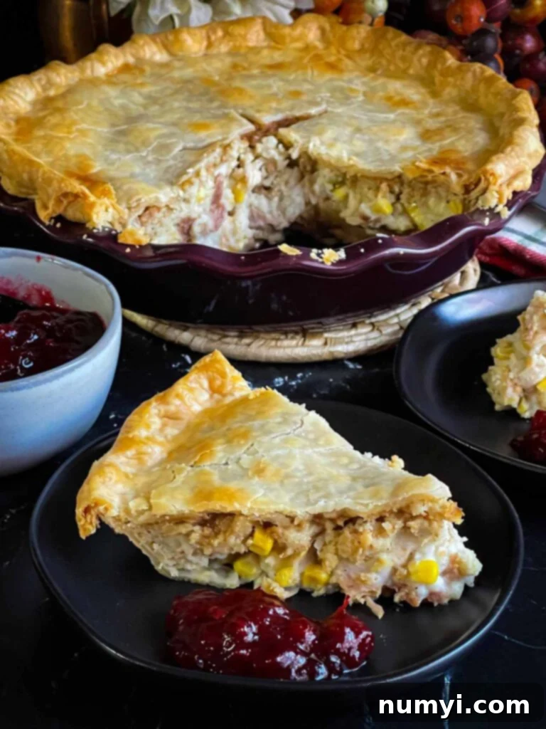 Thanksgiving Encore Pie 12 A perfectly portioned slice of leftover Thanksgiving pie, showcasing its layered filling, resting elegantly on a black plate.