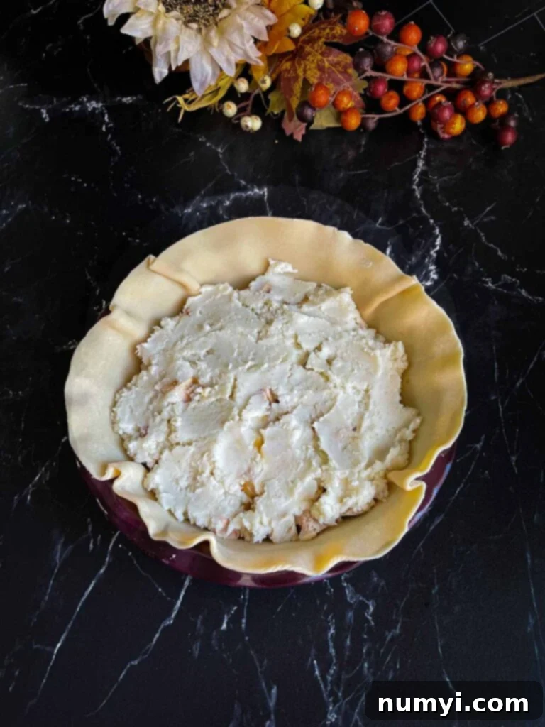 Thanksgiving Encore Pie 7 A layer of creamy mashed potatoes carefully spread over the diced turkey, inside a pie crust.
