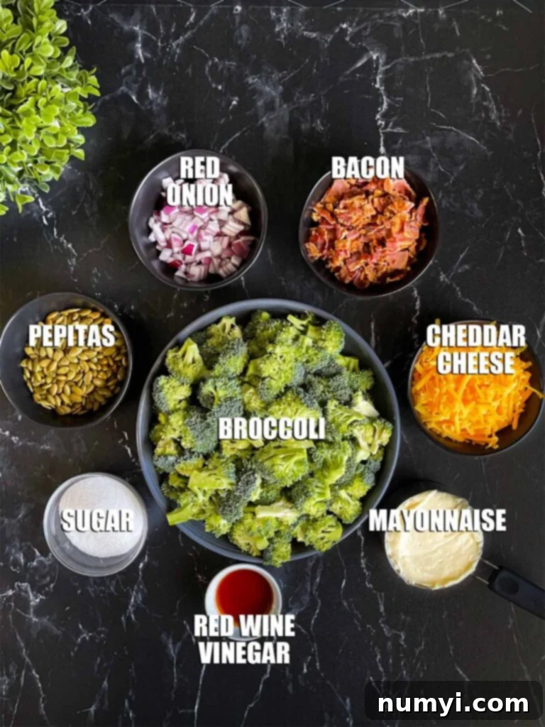 Broccoli salad ingredients on a dark surface.
