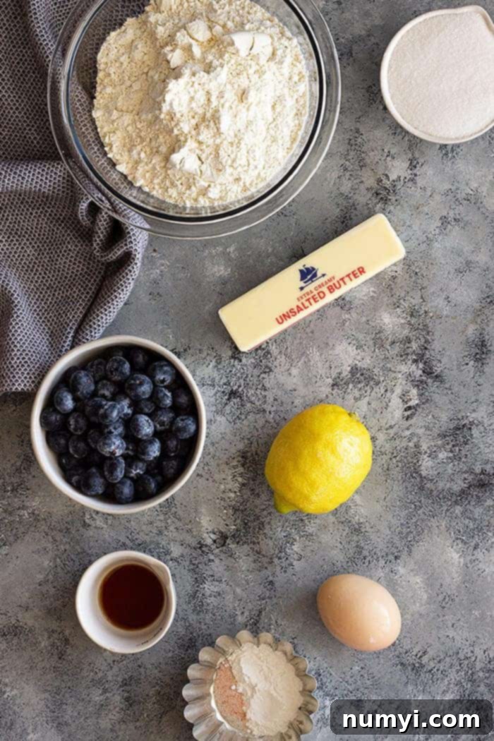 overhead: ingredients needed for blueberry lemon scones