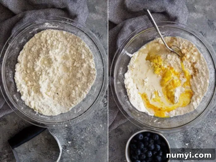 overhead process shot collage: first image shows the butter cut into the flour and the second image shows adding the dry ingredients