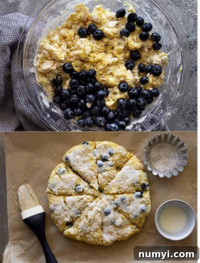 overhead process shot collage: top image shows the blueberries being added to the scones, bottom image shows scones on a baking sheet cut and topped with sugar