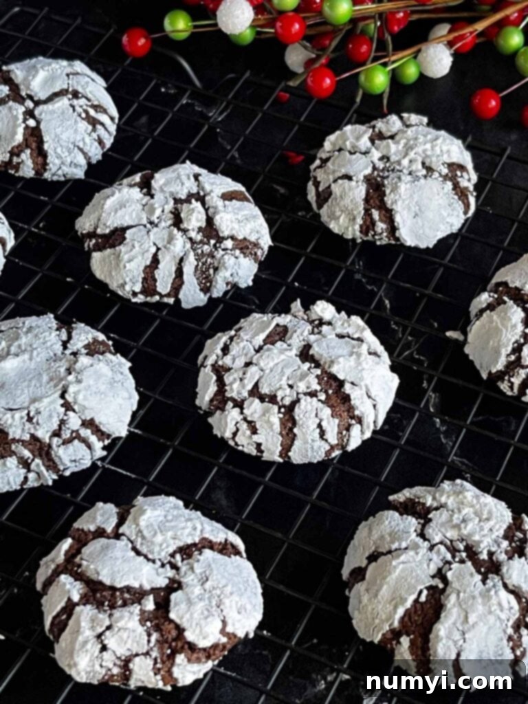 Chocolate crinkle cookies on a wire rack.