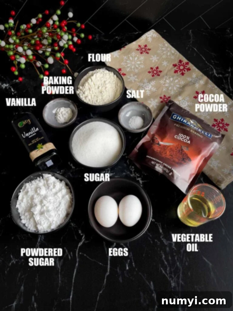 Ingredients for chocolate crinkle cookies on a dark surface.