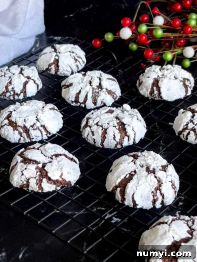 Chocolate crinkle cookies on a wire rack.
