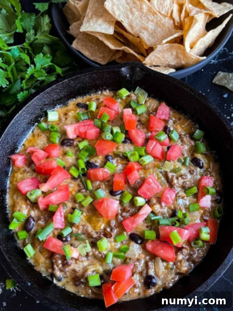 Molten Beef & Cheese Dip 2 Classic Queso Fundido served in a hot cast iron skillet, ready to be enjoyed with tortilla chips.