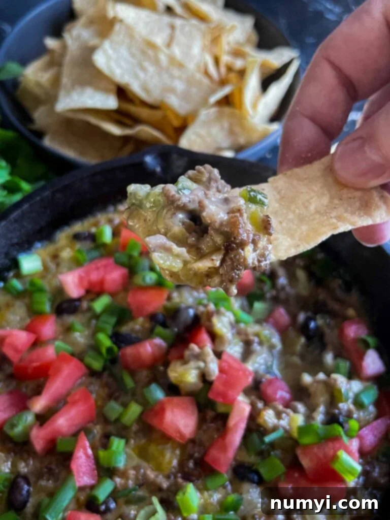Molten Beef & Cheese Dip 3 A tortilla chip loaded with gooey, meaty Queso Fundido, showcasing its irresistible texture.