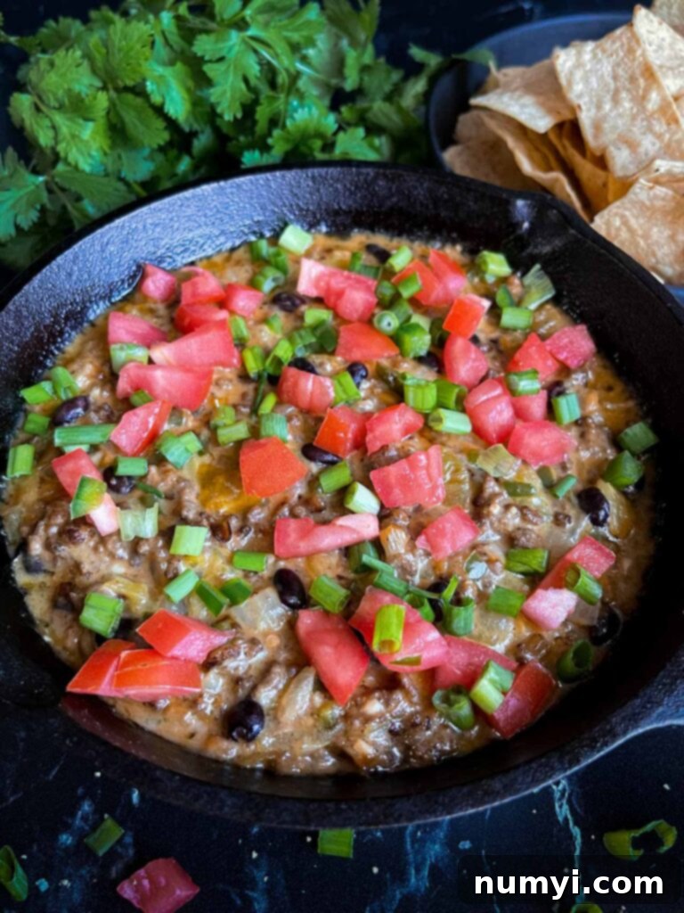 Molten Beef & Cheese Dip 10 Hot and bubbly Queso Fundido in a cast iron skillet, garnished and ready to eat.
