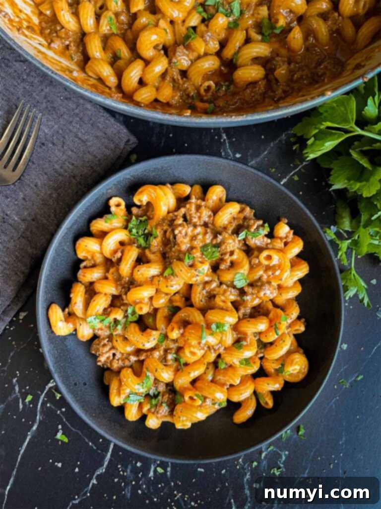 A dark bowl filled with creamy, homemade one-pot Hamburger Helper, garnished with fresh parsley.
